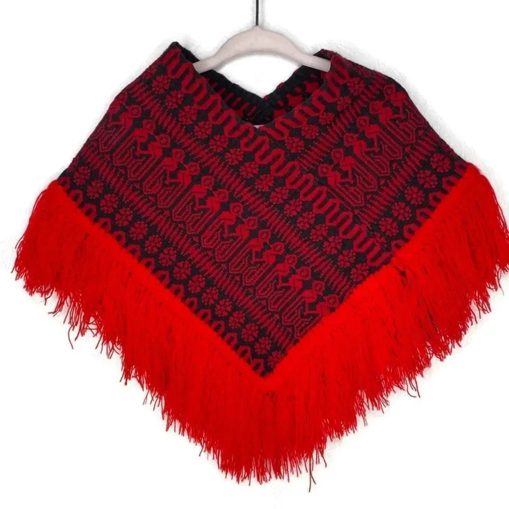 Vintage Hand Embroidered Red & Black Poncho W/ Red Fringe Trim Size 12-18M